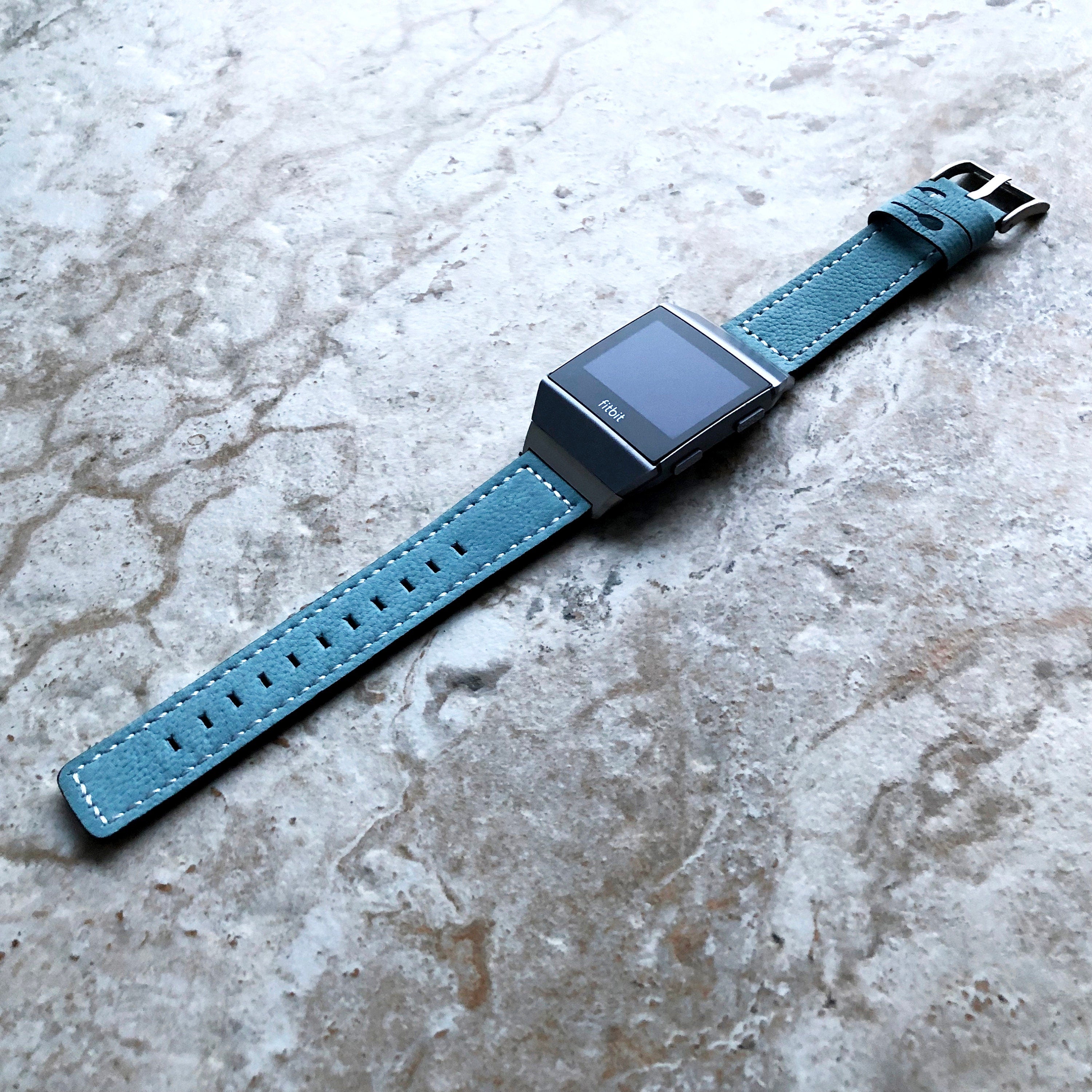 Fitbit Ionic Light Blue Soft Leather Band Strap with White Stitches for Watch Band Strap Quick Release Adapters in Silver Rose Gold Black